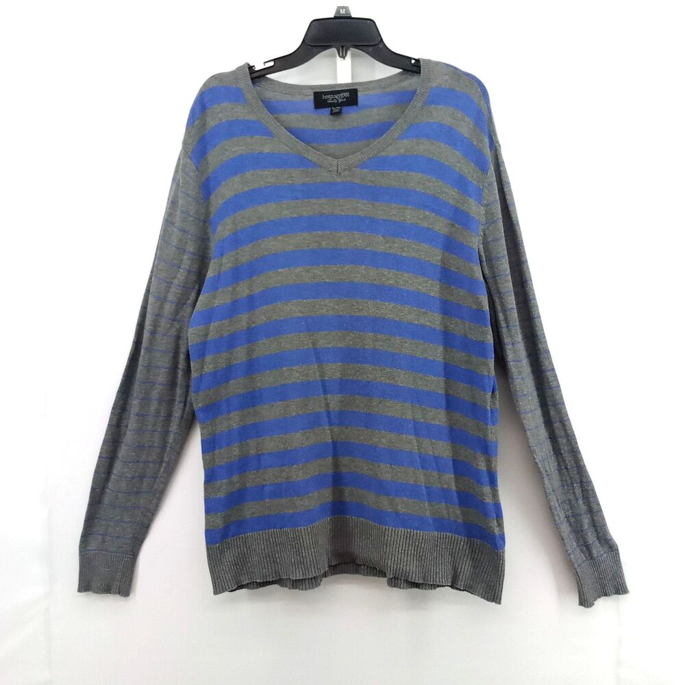 Heritage 1981 Shirt Women Size XL Gray Blue Striped Long Sleeve V Neck Top